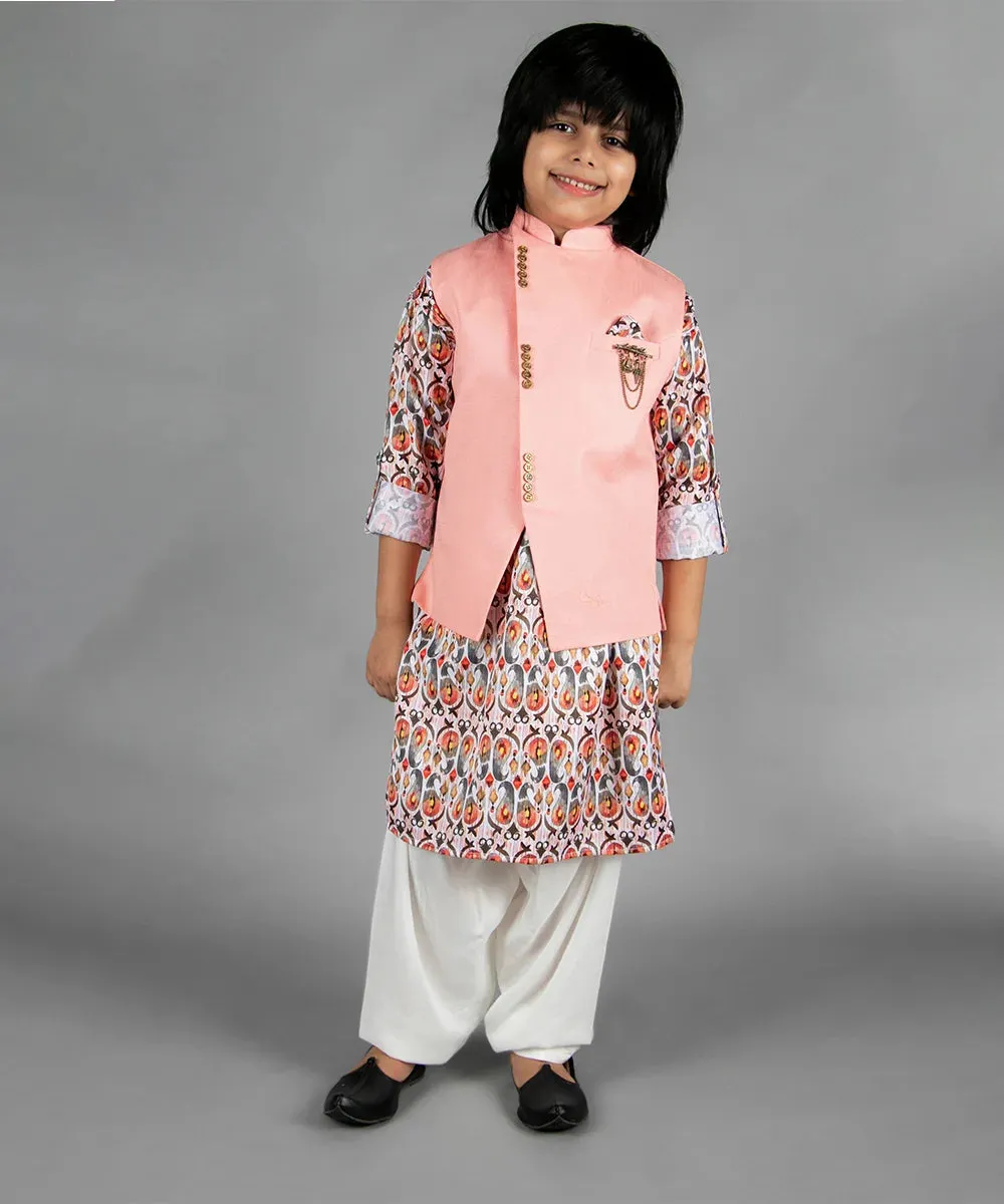Peach Printed Kurta with Peach Jacket & Cream Salwar for Party