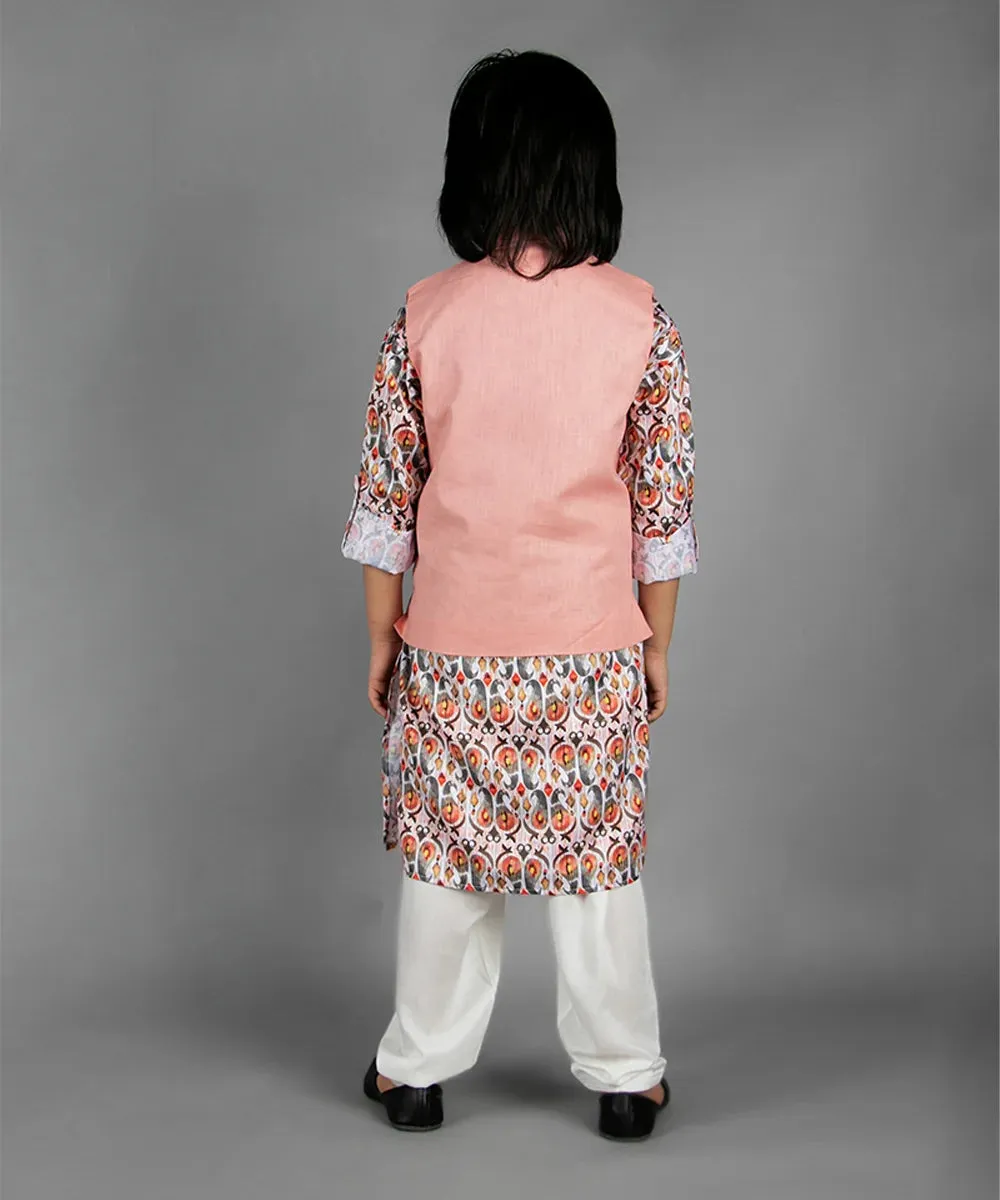 Peach Printed Kurta with Peach Jacket & Cream Salwar for Party