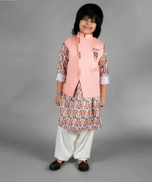 Peach Printed Kurta with Peach Jacket & Cream Salwar for Party