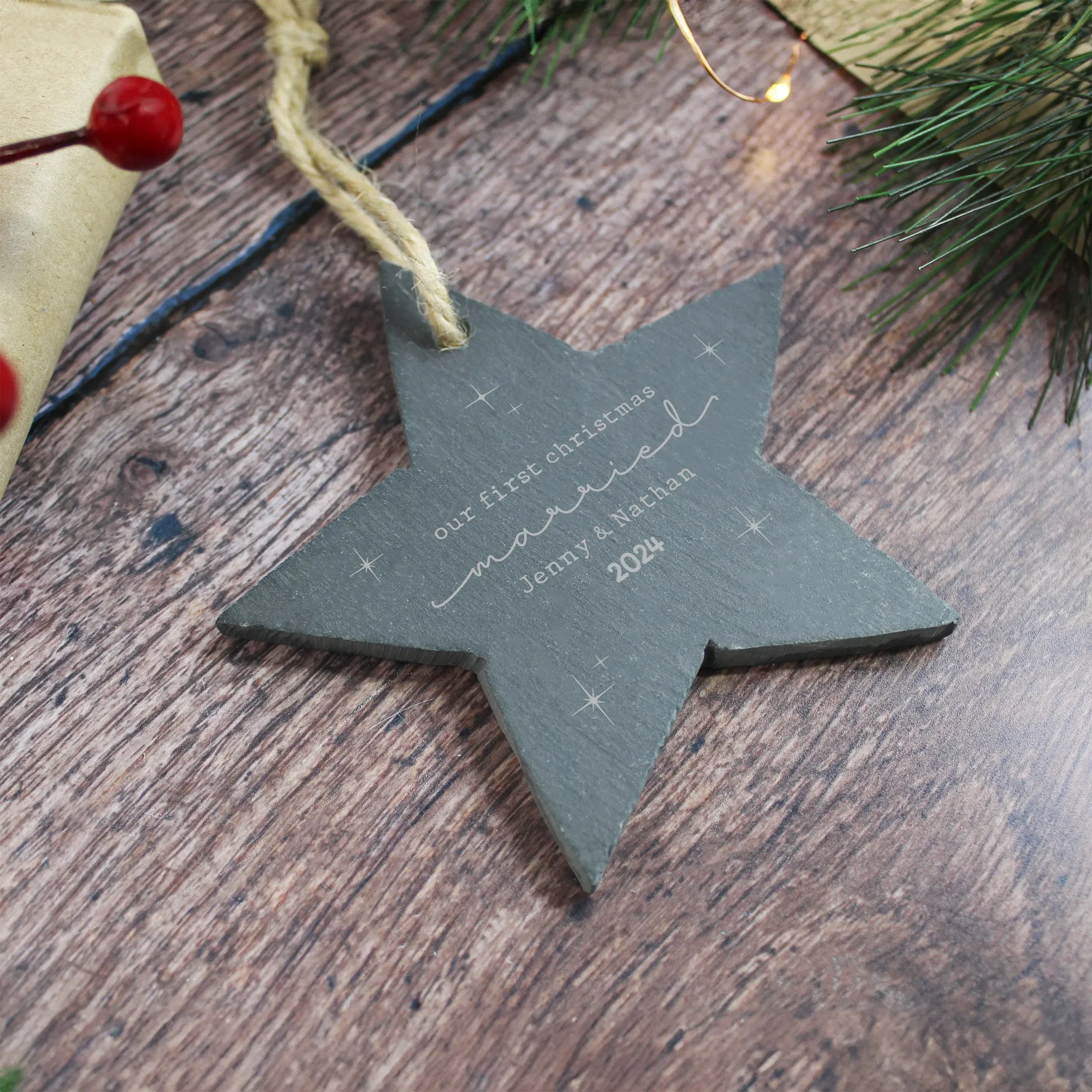 Personalised 'Our First Christmas Married' Slate Star Bauble