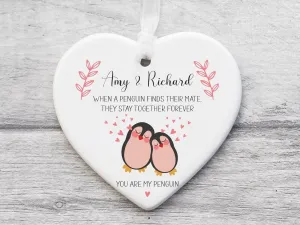 Personalised Penguin Love Heart Ornament - Anniversary Gift - For Couples - Custom Names