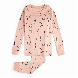 Petit Lem 2-Piece Organic Cotton Ribbed Pajama Set in Arts and Crafts Print on Vintage Rose