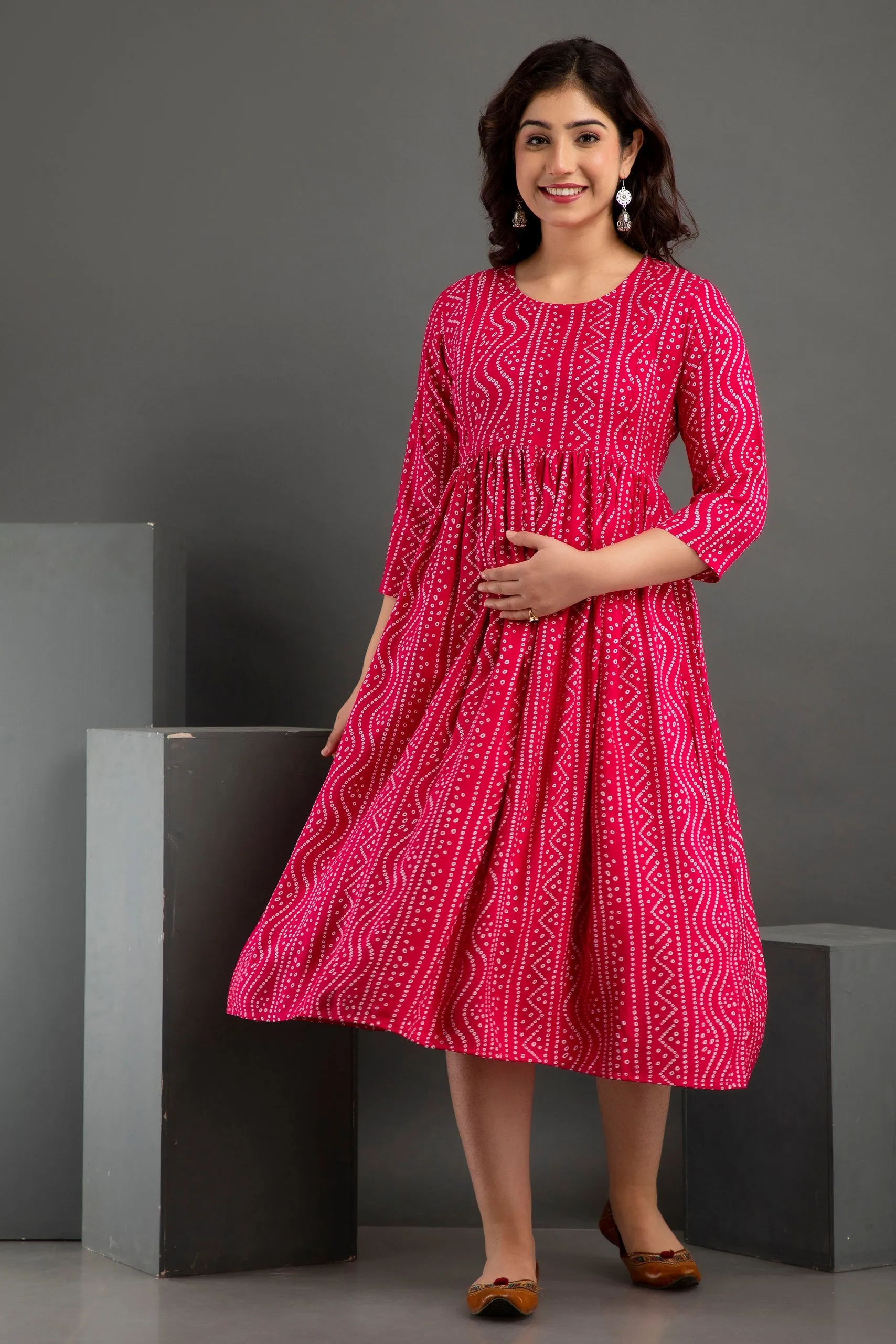 Pink Cotton Printed Maternity Baby feeding kurta