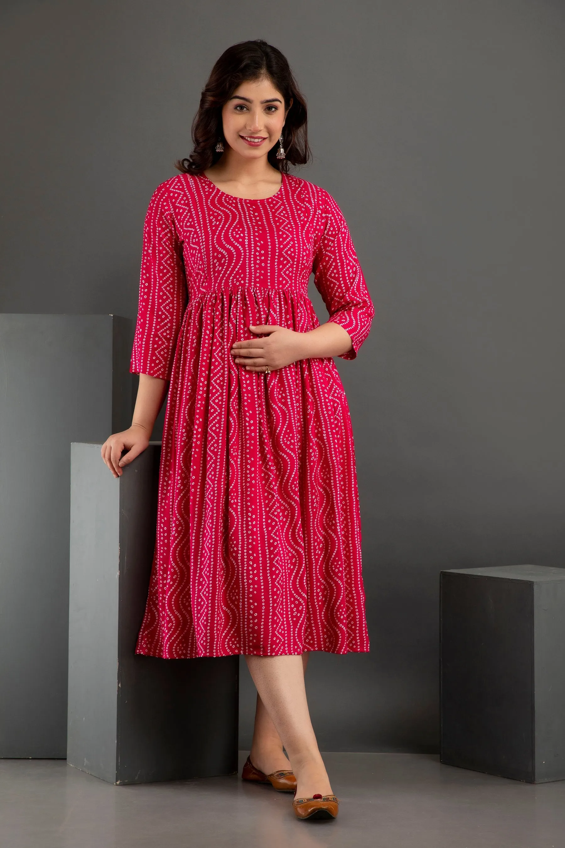 Pink Cotton Printed Maternity Baby feeding kurta