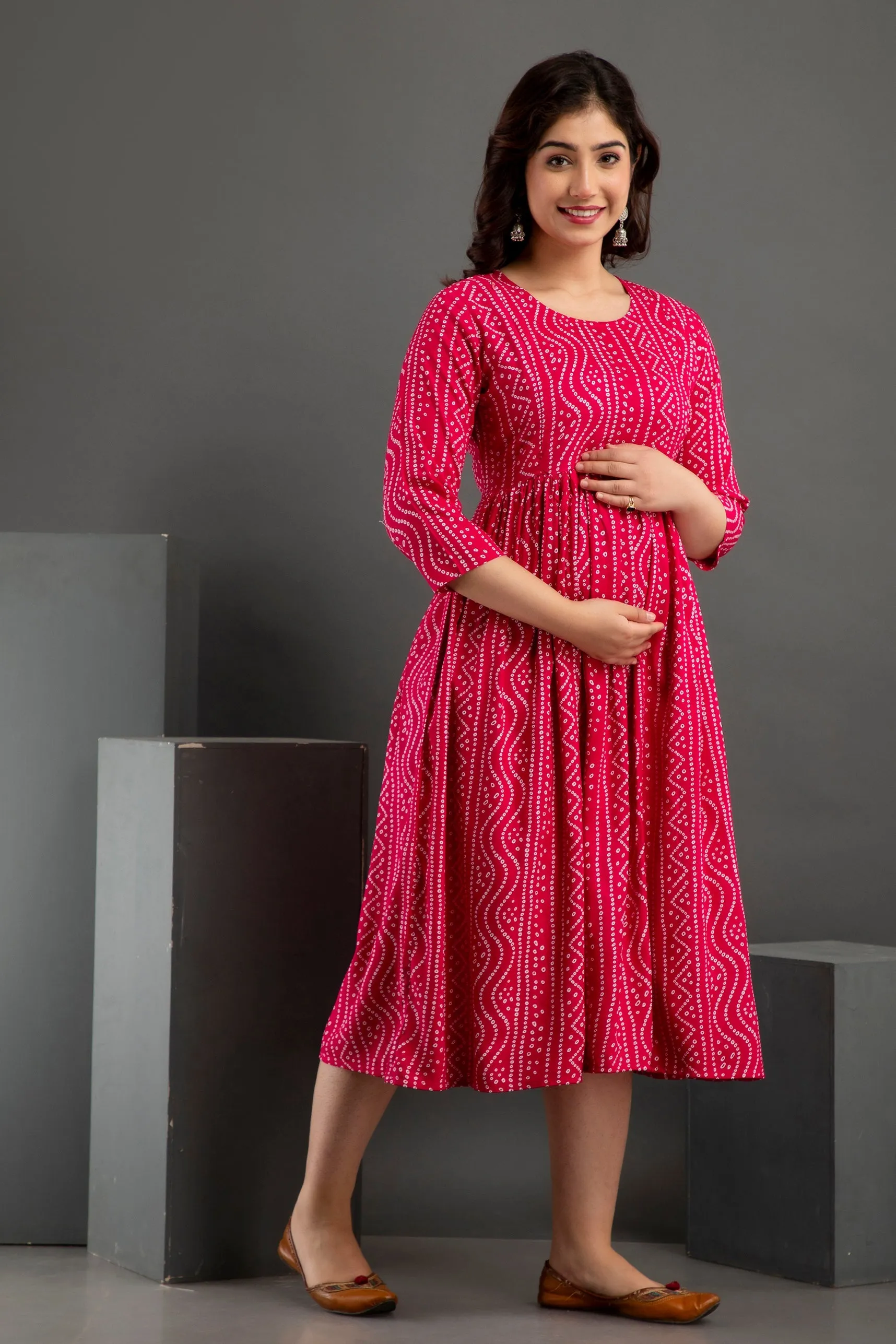 Pink Cotton Printed Maternity Baby feeding kurta