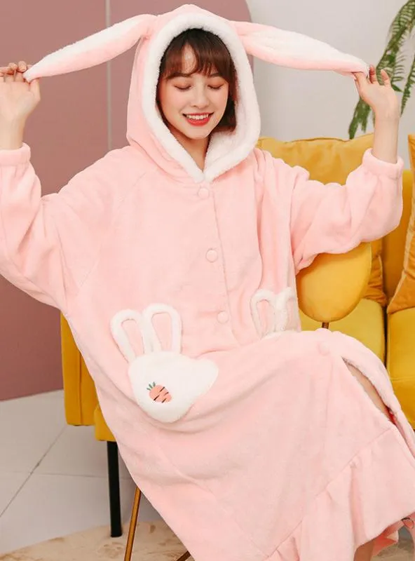 PINK RABBIT THICKENED CORAL FLEECE LONG ROBE