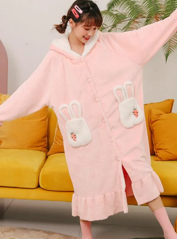 PINK RABBIT THICKENED CORAL FLEECE LONG ROBE