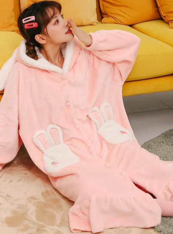 PINK RABBIT THICKENED CORAL FLEECE LONG ROBE
