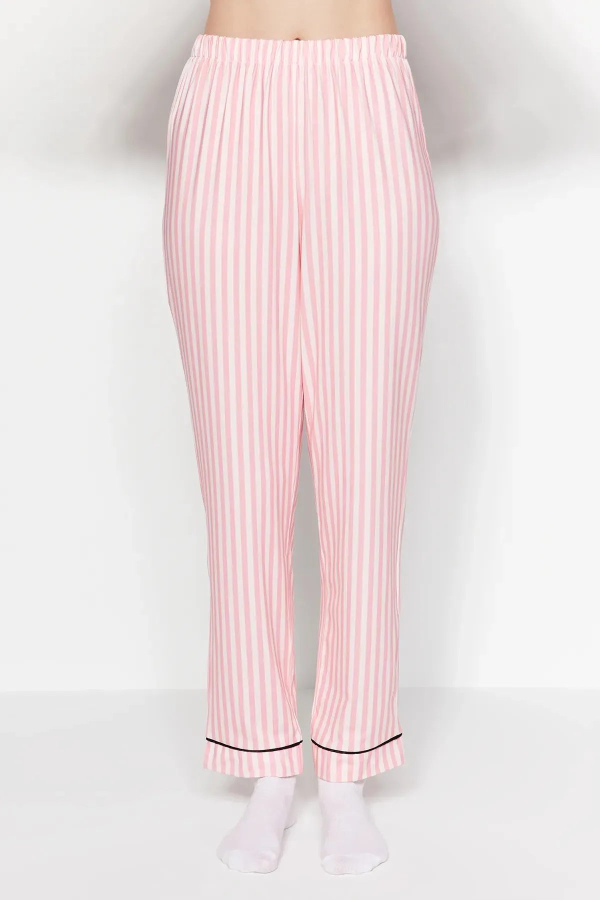 Pink Striped Patterned Polar Fleece Inside Shirt-Pants Knitted Pajama Set