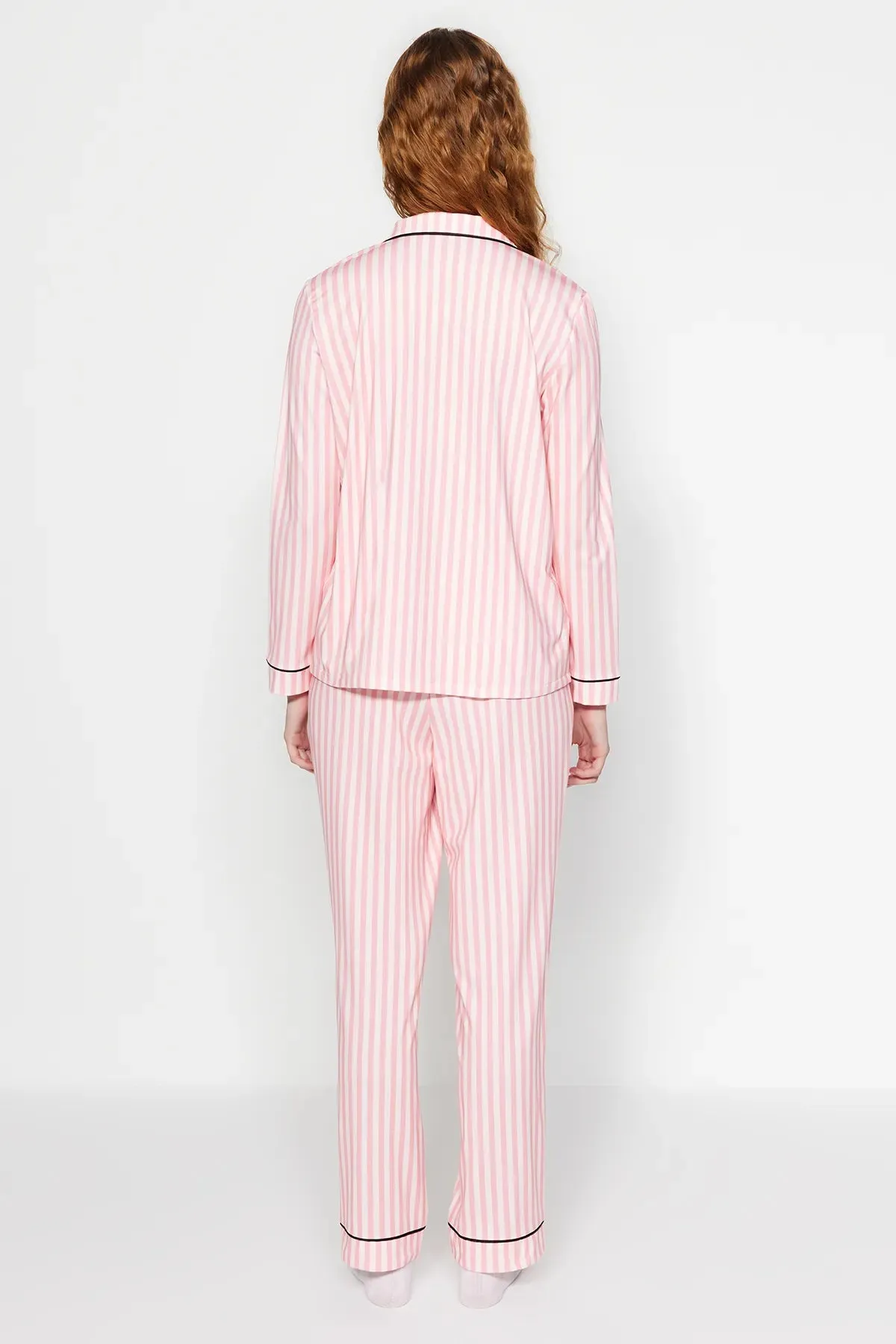 Pink Striped Patterned Polar Fleece Inside Shirt-Pants Knitted Pajama Set