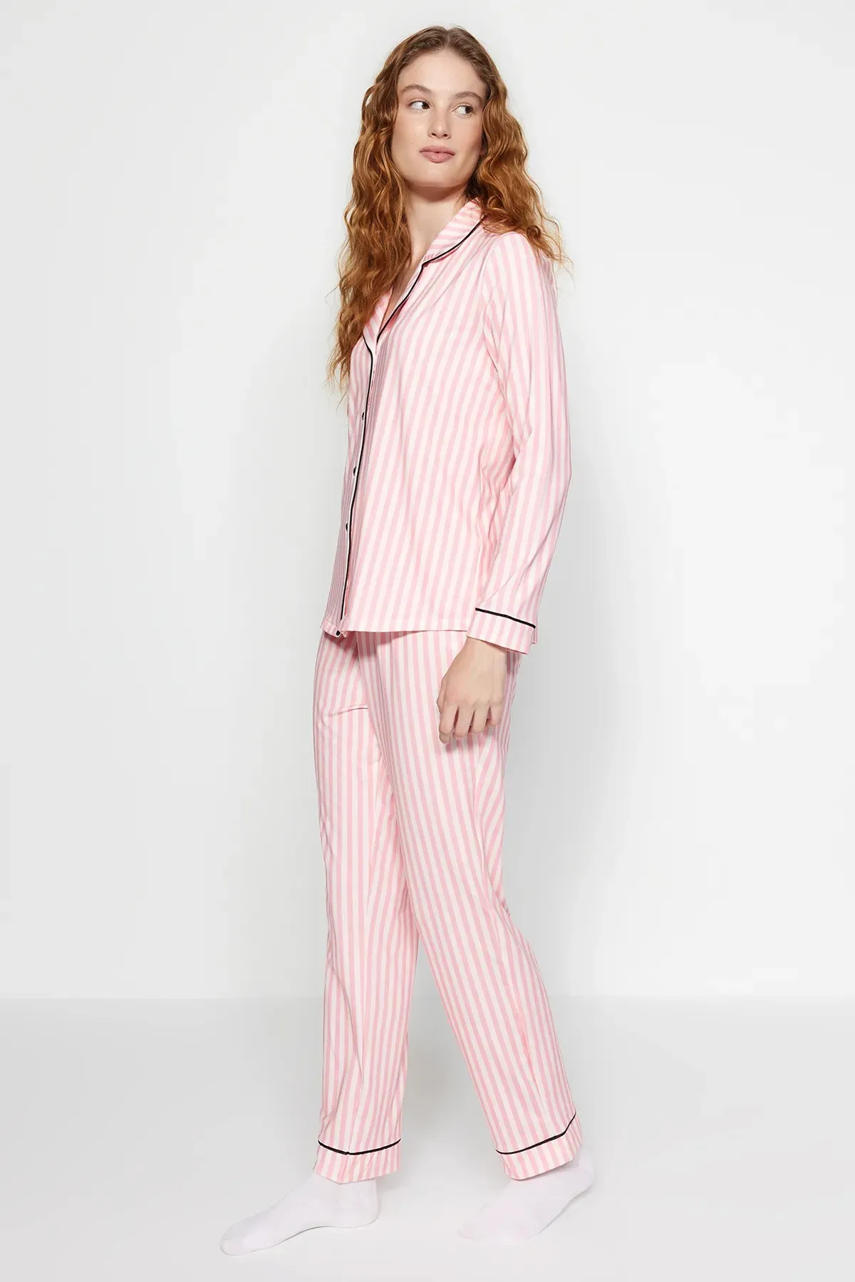 Pink Striped Patterned Polar Fleece Inside Shirt-Pants Knitted Pajama Set