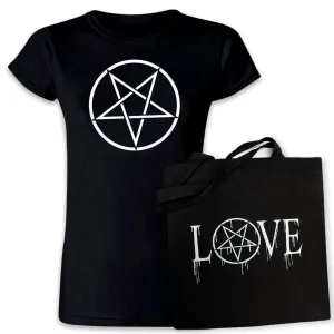 Pins & Bones Women's Pentagram Shirt And Love Star Cotton Tote Bag, Gothic Fashion, 2 Pack Combo