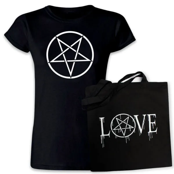 Pins & Bones Women's Pentagram Shirt And Love Star Cotton Tote Bag, Gothic Fashion, 2 Pack Combo