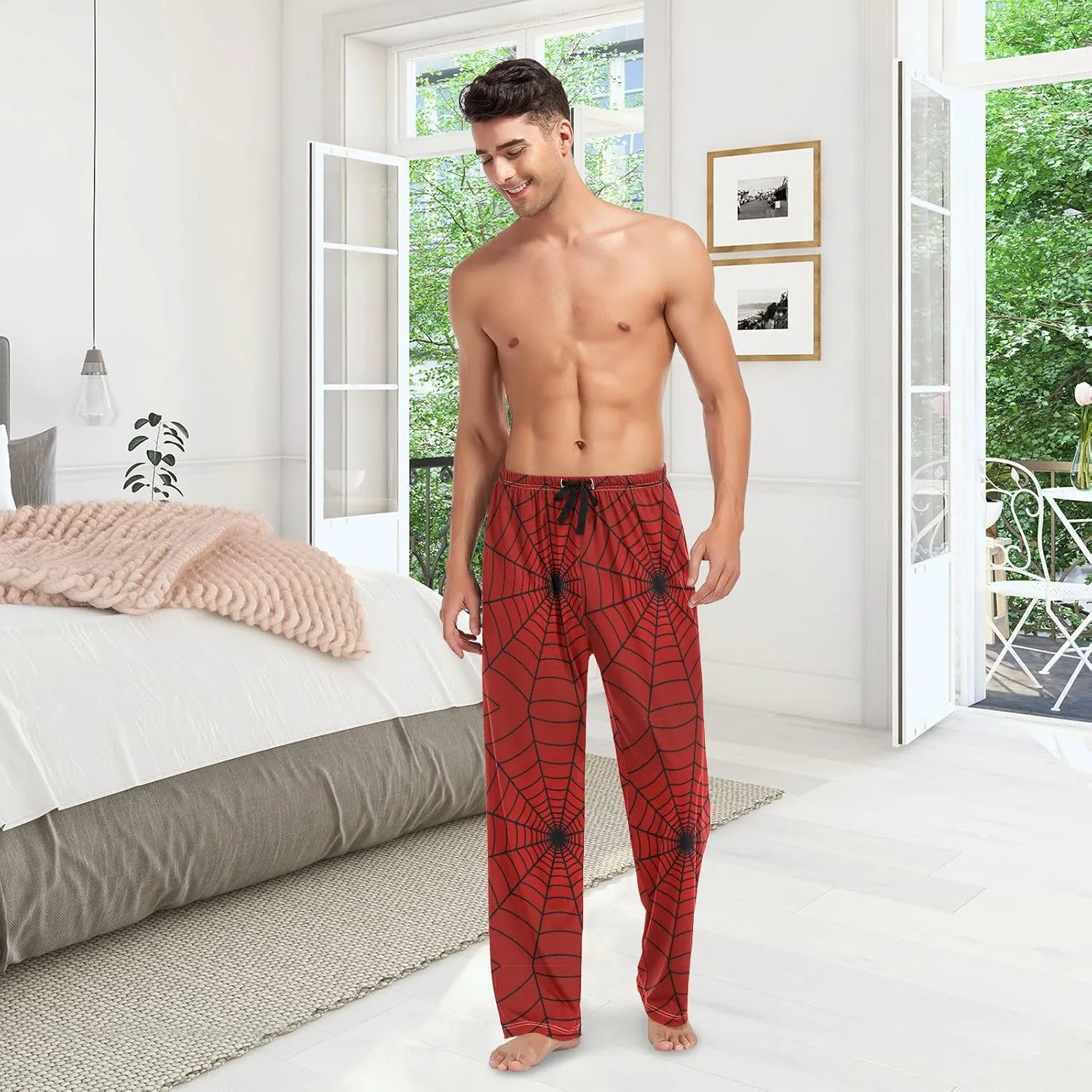 Plaaee Mens Sleep Pajama Pants Set Bottoms Red Spider Web Fleece Lounge Sleepwear PJs S