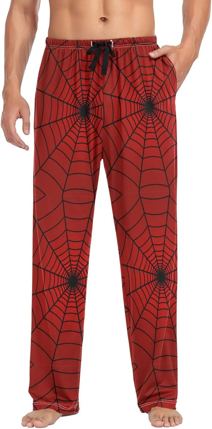 Plaaee Mens Sleep Pajama Pants Set Bottoms Red Spider Web Fleece Lounge Sleepwear PJs S