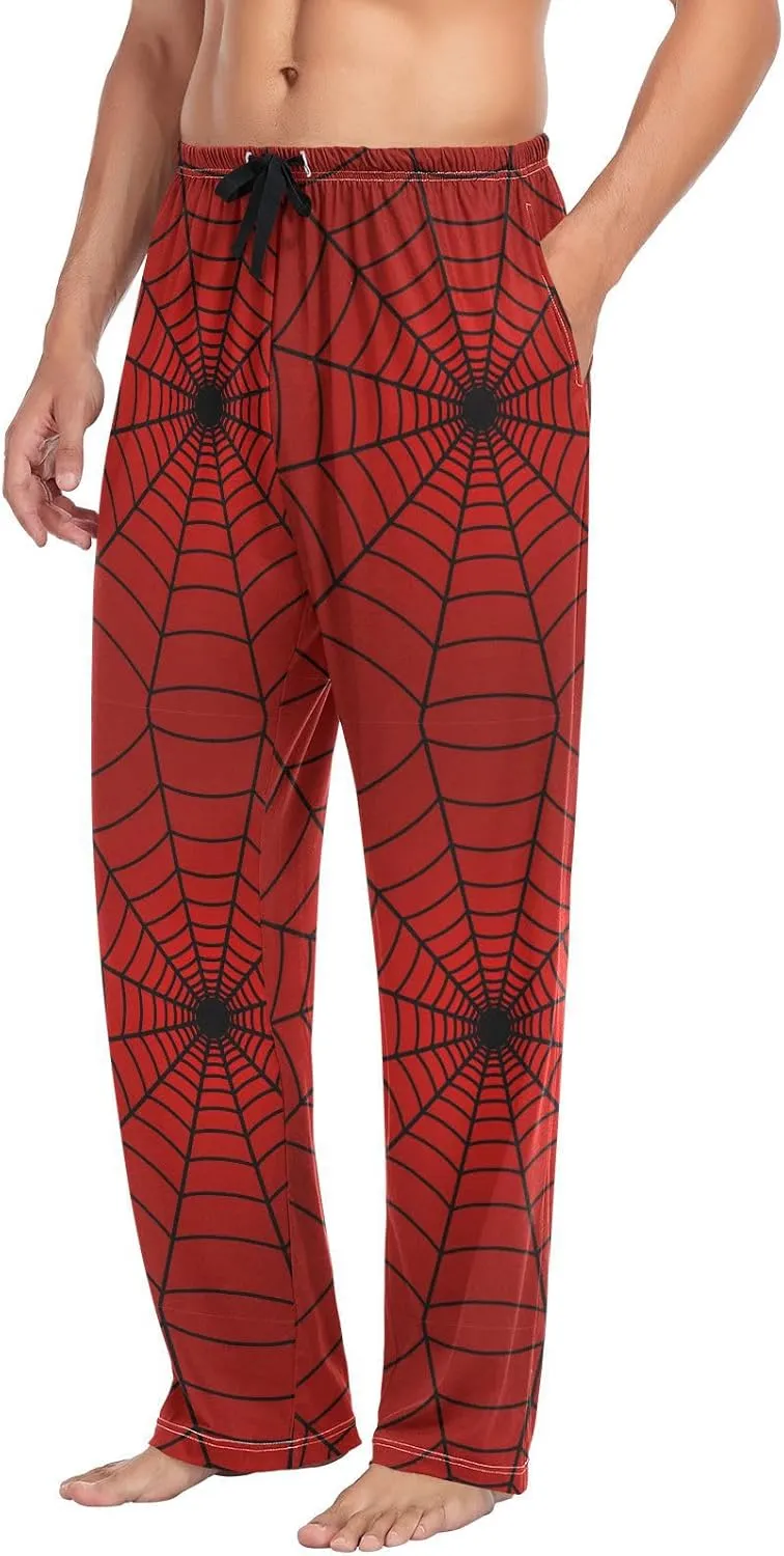 Plaaee Mens Sleep Pajama Pants Set Bottoms Red Spider Web Fleece Lounge Sleepwear PJs S