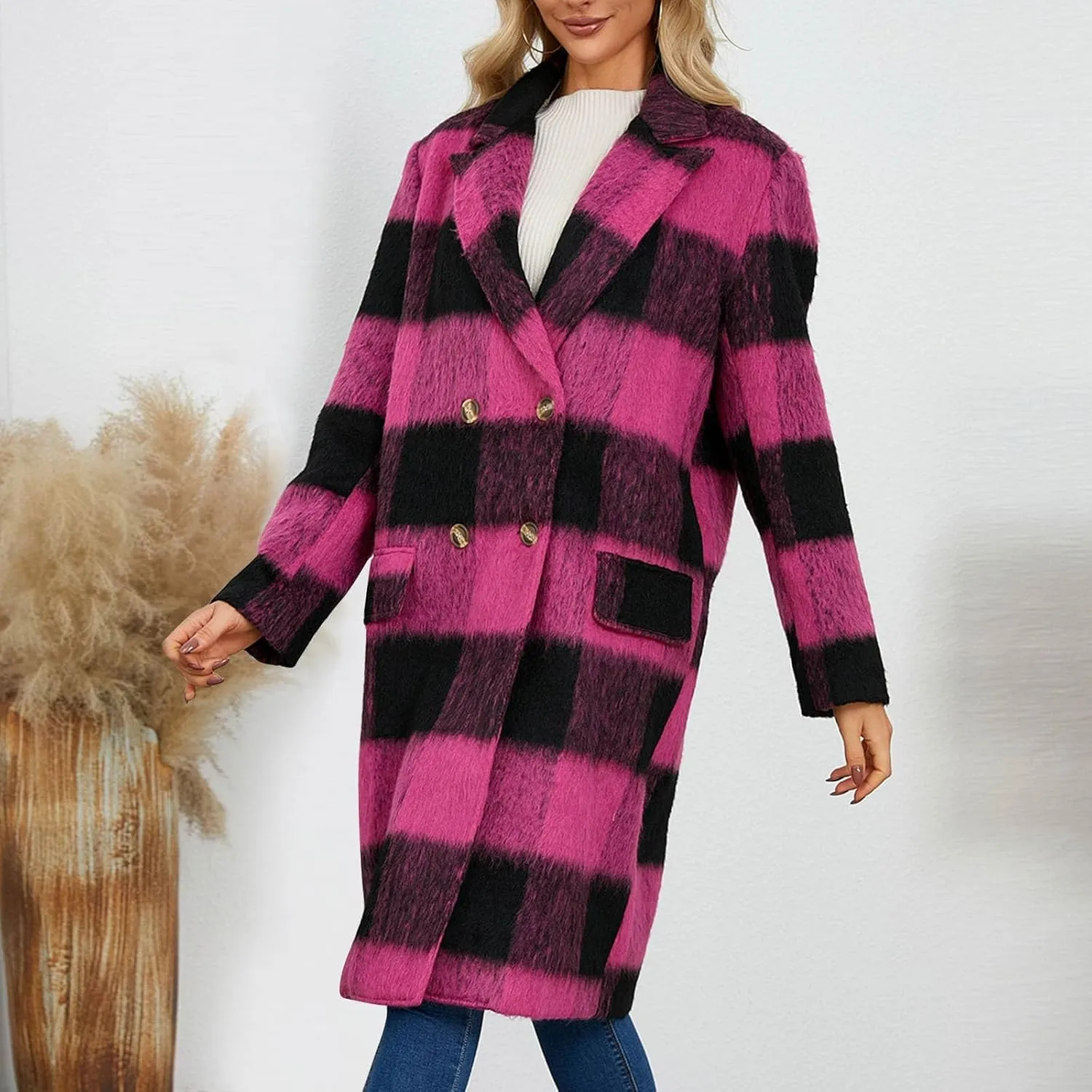 Plaid Cardigans for Women Plaid Wool Trench Coat Shacket Lapel Button Down Woolen Blend Tartan Over Shirt Trench Coat