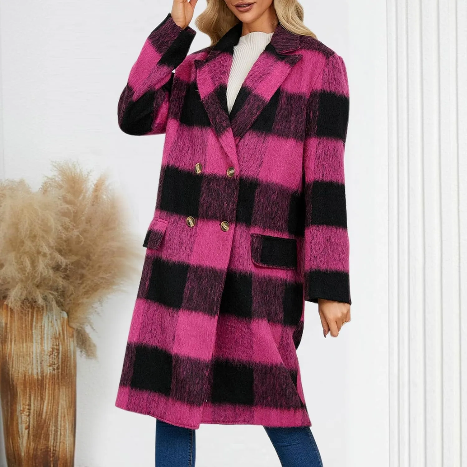 Plaid Cardigans for Women Plaid Wool Trench Coat Shacket Lapel Button Down Woolen Blend Tartan Over Shirt Trench Coat