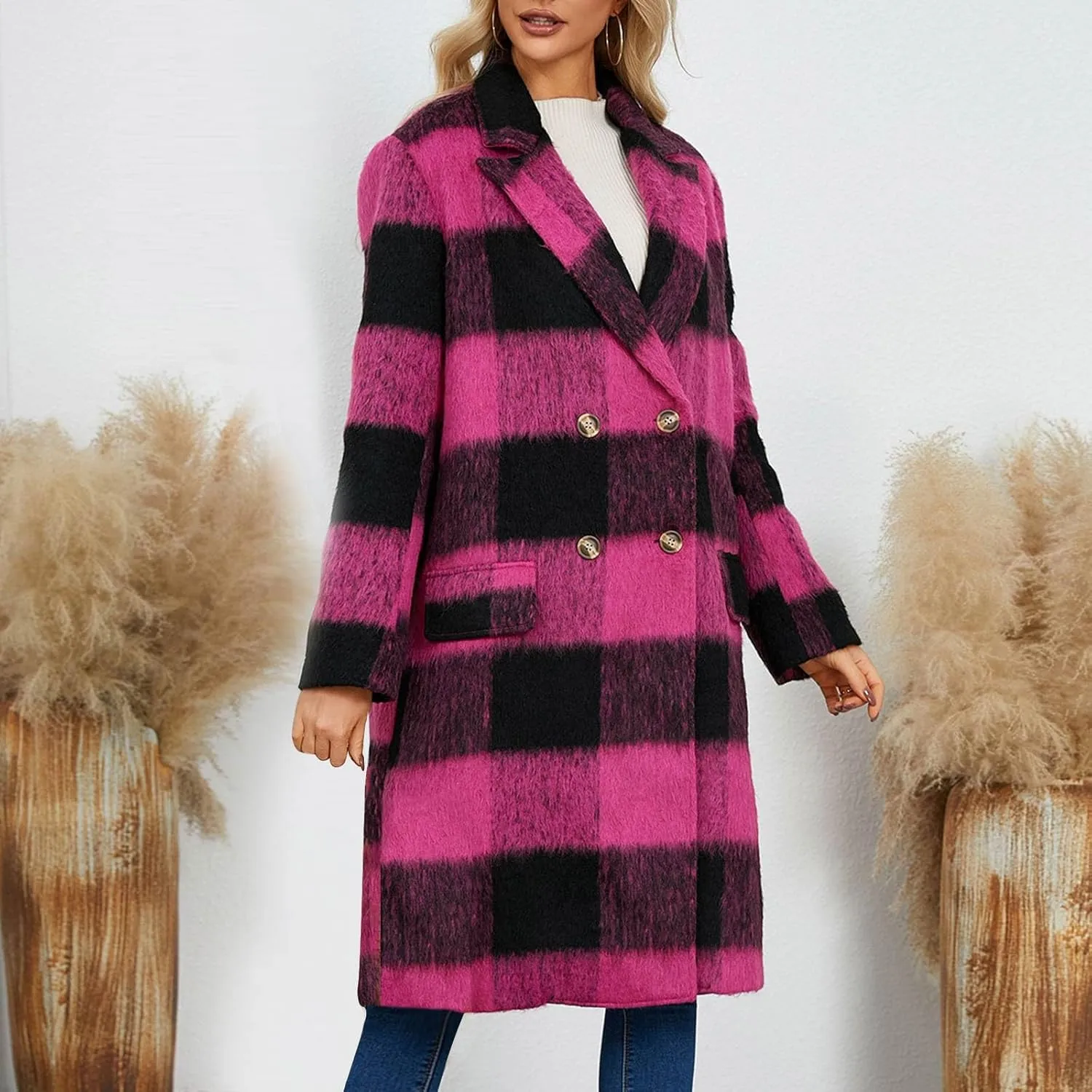 Plaid Cardigans for Women Plaid Wool Trench Coat Shacket Lapel Button Down Woolen Blend Tartan Over Shirt Trench Coat