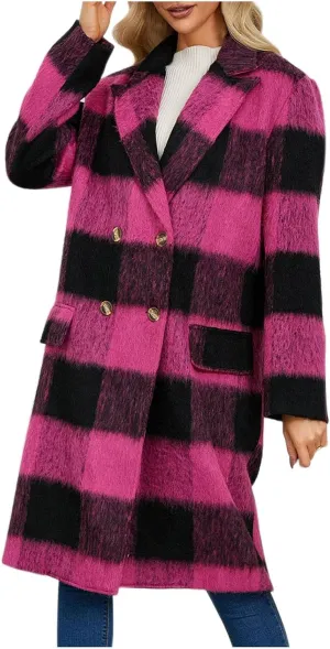 Plaid Cardigans for Women Plaid Wool Trench Coat Shacket Lapel Button Down Woolen Blend Tartan Over Shirt Trench Coat