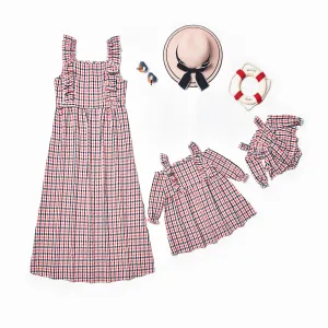 Plaid printed off-the-shoulder dress parent-child dress