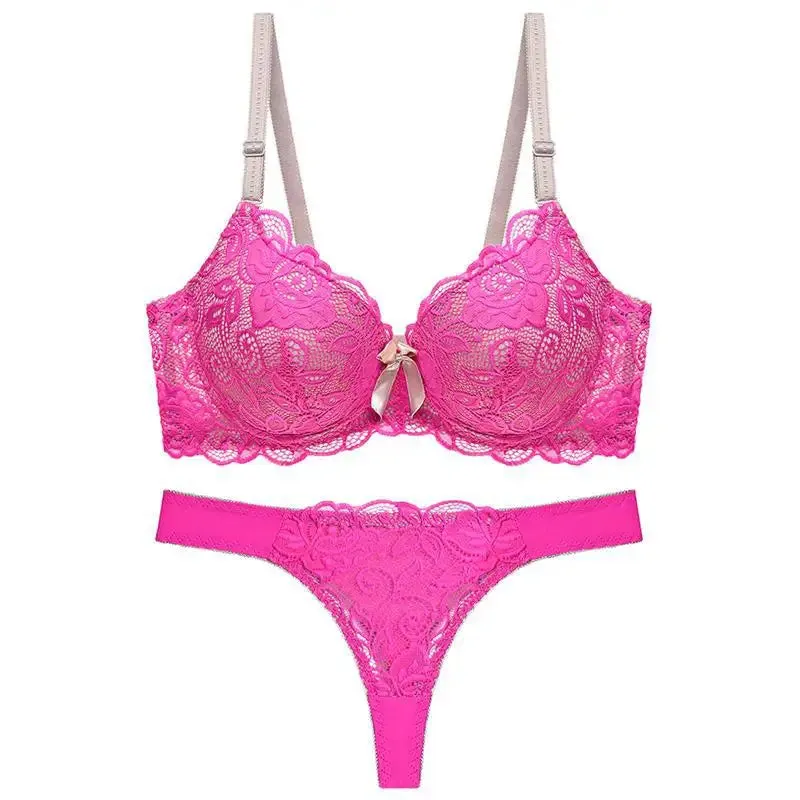 Plus Size Pink Lace Bra & Thong Set for Women – Sexy, Breathable, Adjustable Lingerie Set