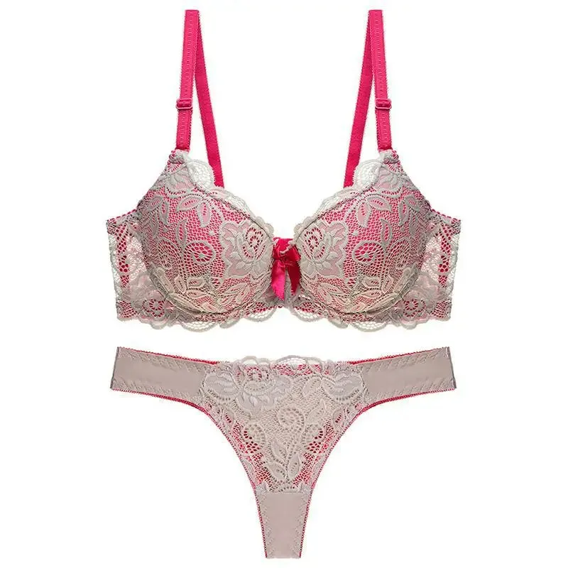 Plus Size Pink Lace Bra & Thong Set for Women – Sexy, Breathable, Adjustable Lingerie Set
