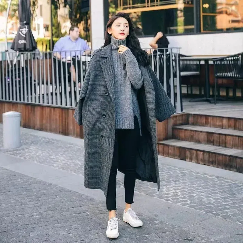 Plus Size Plaid Tweed Women's Overcoat Autumn/Winter Idle Style Thickened Warm Korean Woolen Jacket Soft Padded Thick Coat