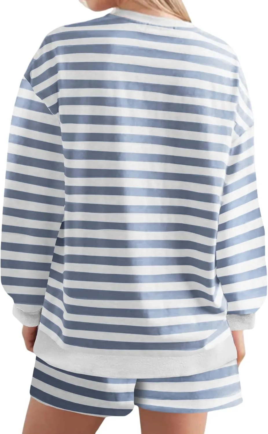 Plus Size Short Sets for Women Summer Trendy Striped Crewneck Long Sleeve Shorts 2 Piece Outfits Loose Fit Tracksuit