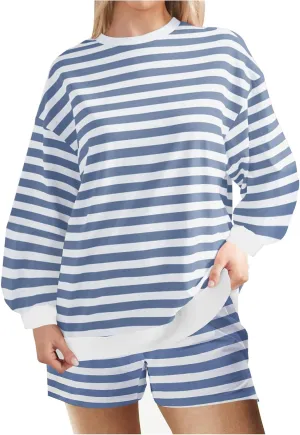 Plus Size Short Sets for Women Summer Trendy Striped Crewneck Long Sleeve Shorts 2 Piece Outfits Loose Fit Tracksuit