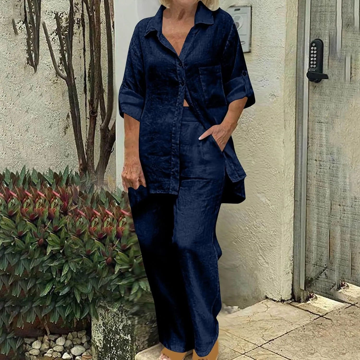 Plus Size Womens Cotton Linen 2 Piece Outfits Casual Matching Sets Button Down Shirts Wide Leg Pants 2025 Lounge Sets