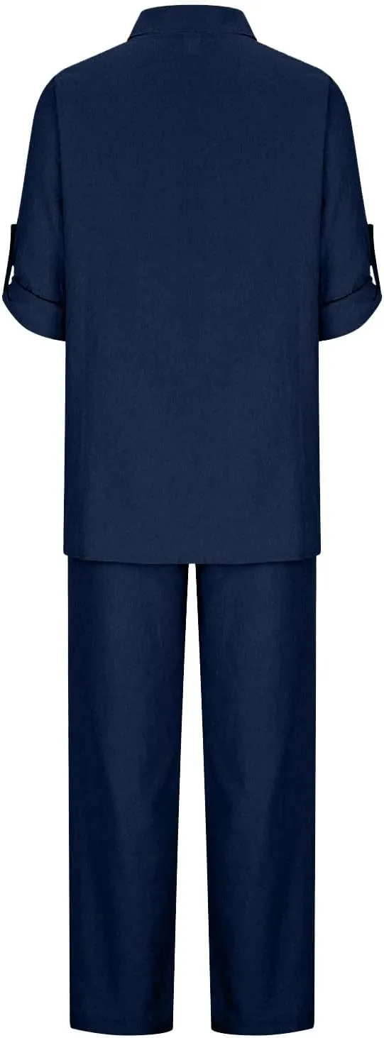 Plus Size Womens Cotton Linen 2 Piece Outfits Casual Matching Sets Button Down Shirts Wide Leg Pants 2025 Lounge Sets