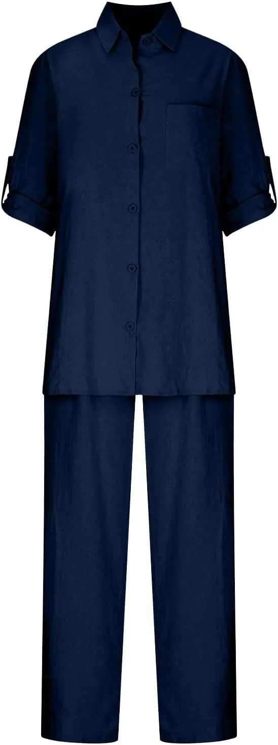 Plus Size Womens Cotton Linen 2 Piece Outfits Casual Matching Sets Button Down Shirts Wide Leg Pants 2025 Lounge Sets