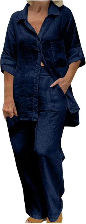 Plus Size Womens Cotton Linen 2 Piece Outfits Casual Matching Sets Button Down Shirts Wide Leg Pants 2025 Lounge Sets