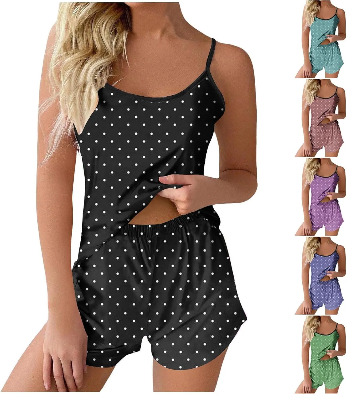 Polka Dots Camisole Pajamas Set for Women Sleeveless Loose Summer Sleepwear Matching Comfy Pjs Shorts Sexy Lounge Sets