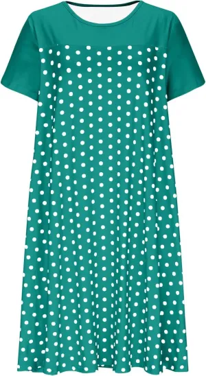 Polka Dots Nightgowns for Women Summer Loose Crew Neck Nightshirt Short Sleeve Soft Sleepwear Pajamas Dress