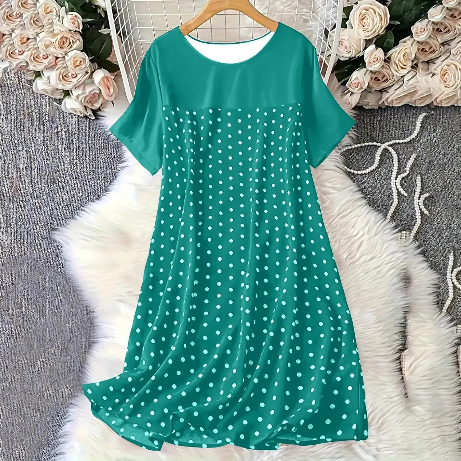 Polka Dots Nightgowns for Women Summer Loose Crew Neck Nightshirt Short Sleeve Soft Sleepwear Pajamas Dress