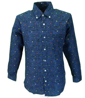Pop Mens Navy Multi Print Retro Button Down Collar Cotton Shirt …