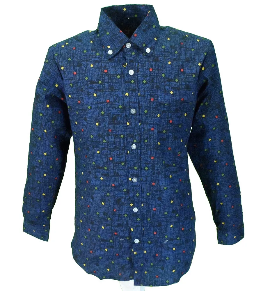 Pop Mens Navy Multi Print Retro Button Down Collar Cotton Shirt …