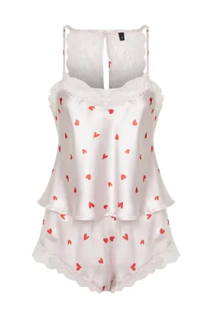 Powder Satin Heart Lace Detailed Rope Strap Woven Pajama Set