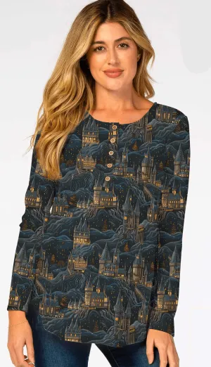 [Pre Sale] Lazy Days Mystic Castles - Women's Long Sleeve Printed Bamboo Snap Top (EST SHIP EARLY JAN)