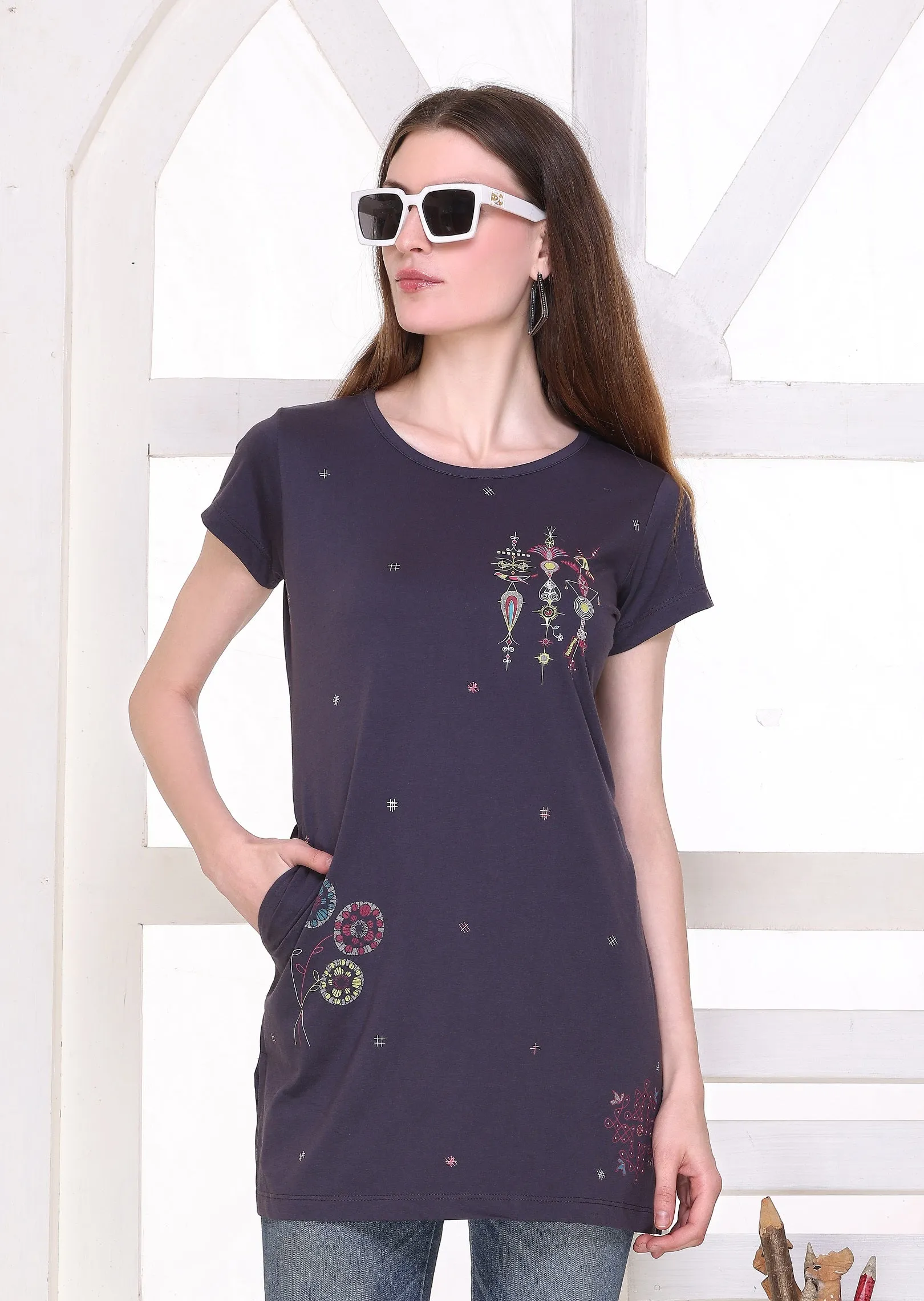 Printed Cotton Long Top for Women