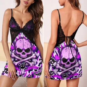 Purple Camo Skull Art Women's Back Lace Babydolls Nightgowns