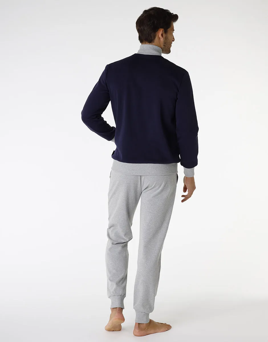 Pyjama homme en coton, bleu navy et gris mélangé