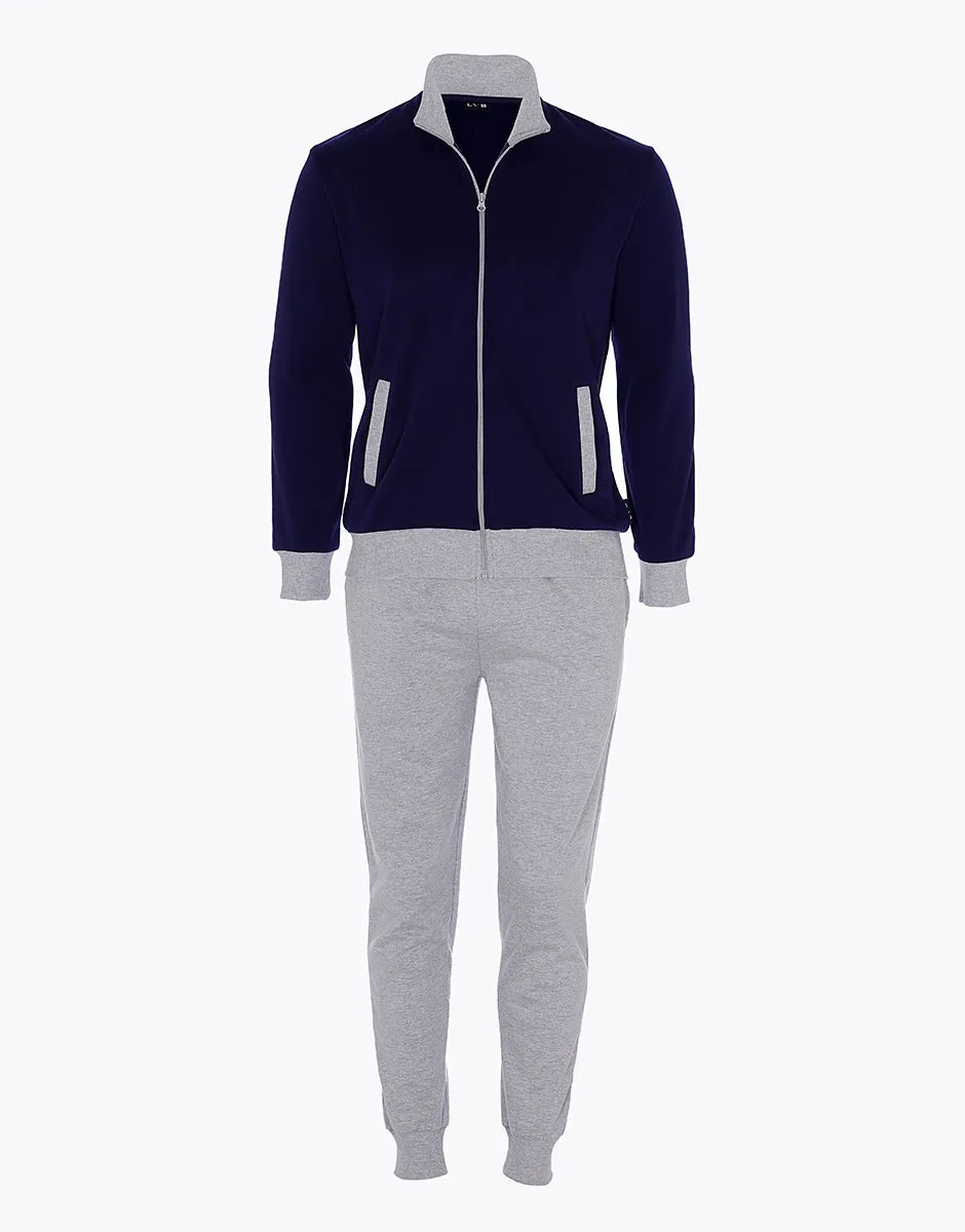 Pyjama homme en coton, bleu navy et gris mélangé