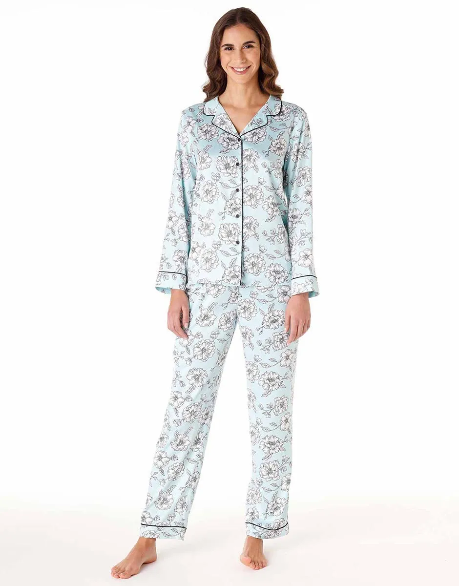 Pyjama long en satin pour femme, bleu azur