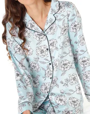 Pyjama long en satin pour femme, bleu azur