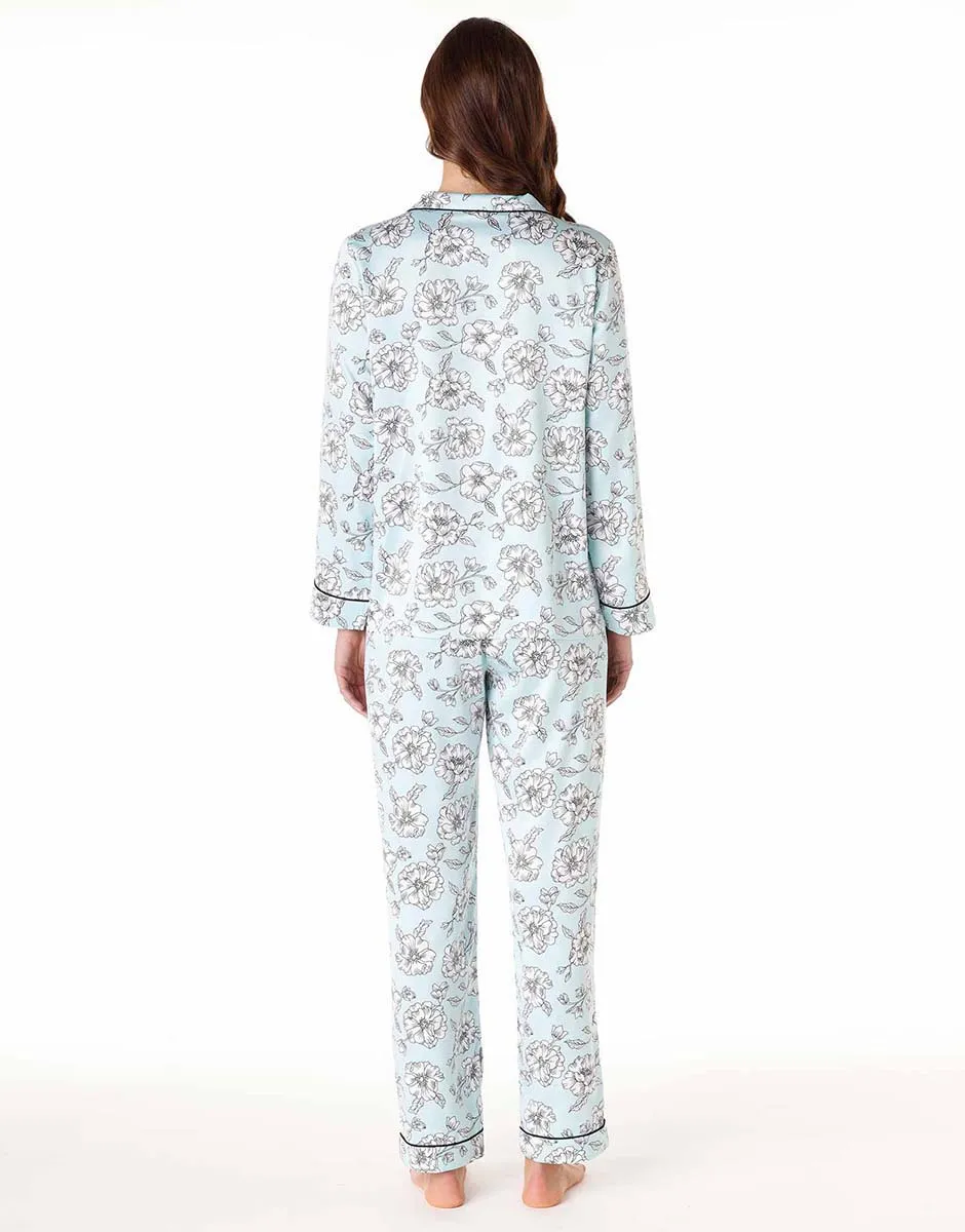 Pyjama long en satin pour femme, bleu azur