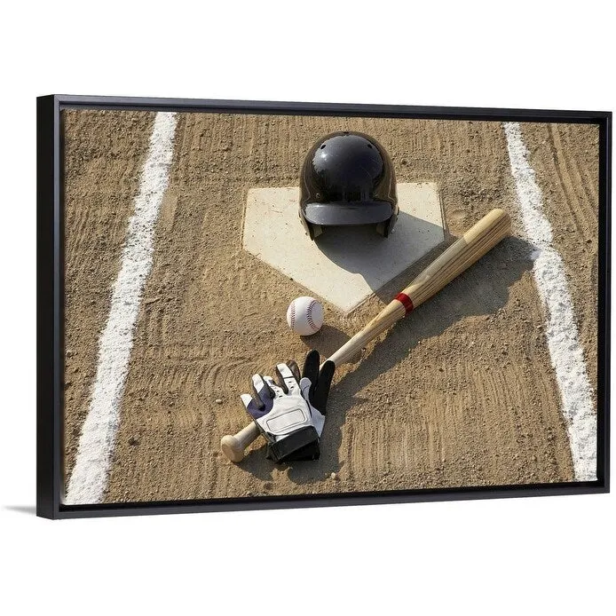 "Baseball, bat, batting gloves and baseball helmet at home plate" Black Float Frame Canvas Art