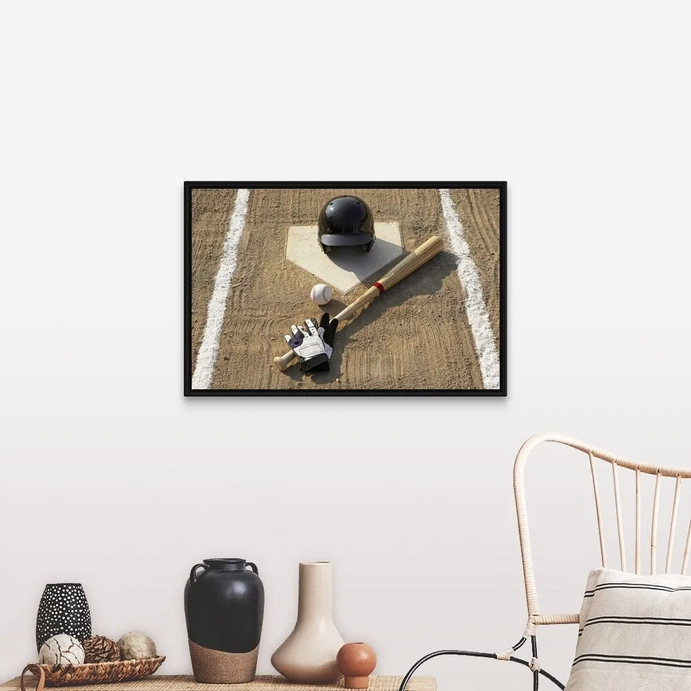 "Baseball, bat, batting gloves and baseball helmet at home plate" Black Float Frame Canvas Art